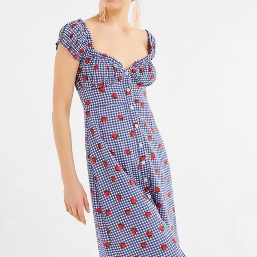 UO Penelope Strawberry Button-Front Midi Dress